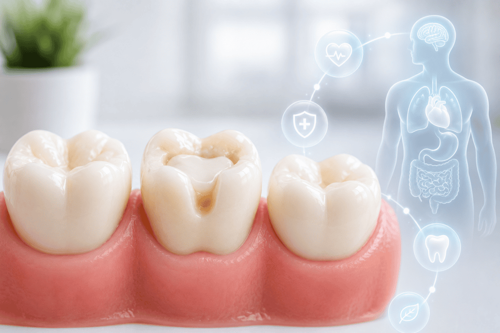 Illustration of a restored tooth with medical icons representing the connection between tooth restoration, oral health, and overall wellness at Crews Dental.